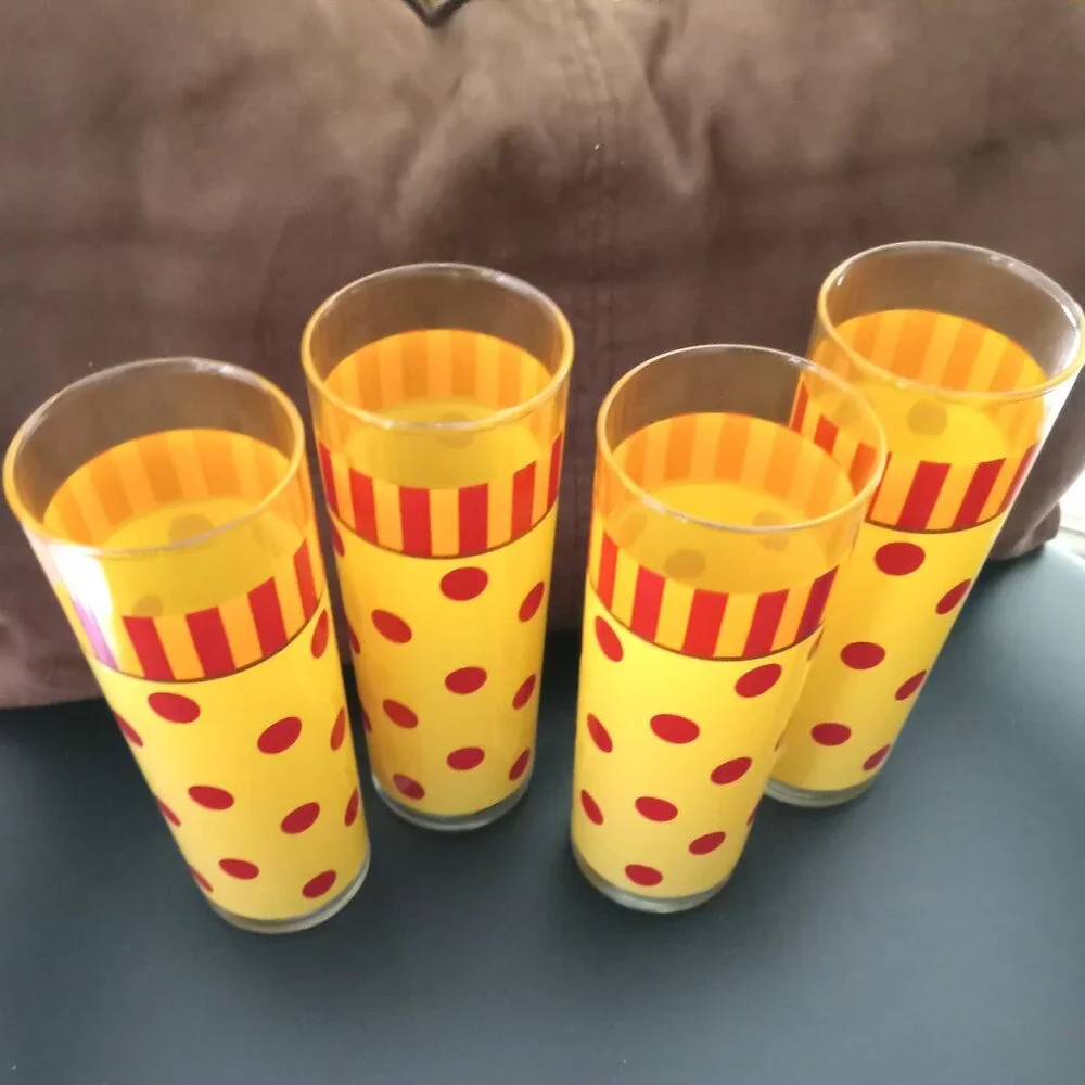 Gail Pittman 4 Retro MCM Polka Dot Striped Yellow And Red Drinking Glasses - Picture 1 of 3